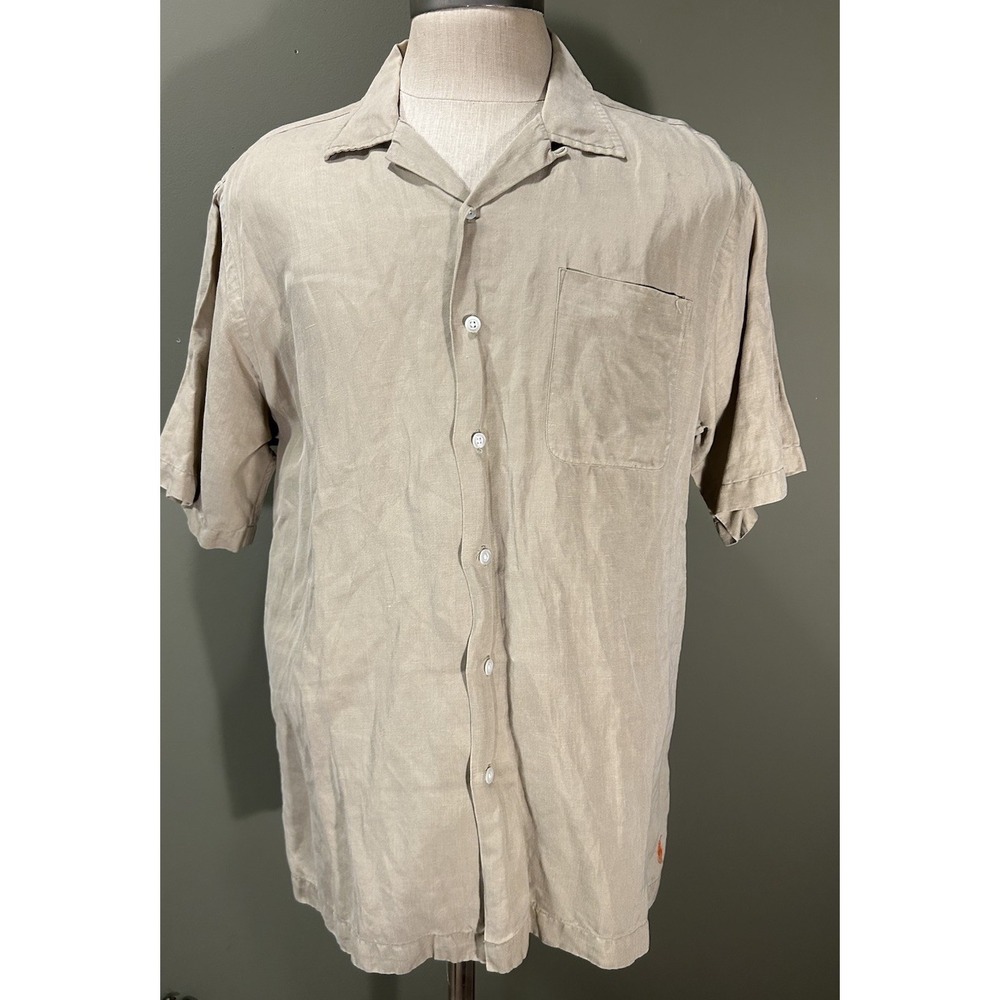 Vtg Polo Ralph Lauren Camp Shirt Mens Linen Silk Loop Collar Beige Beach Sz Lg